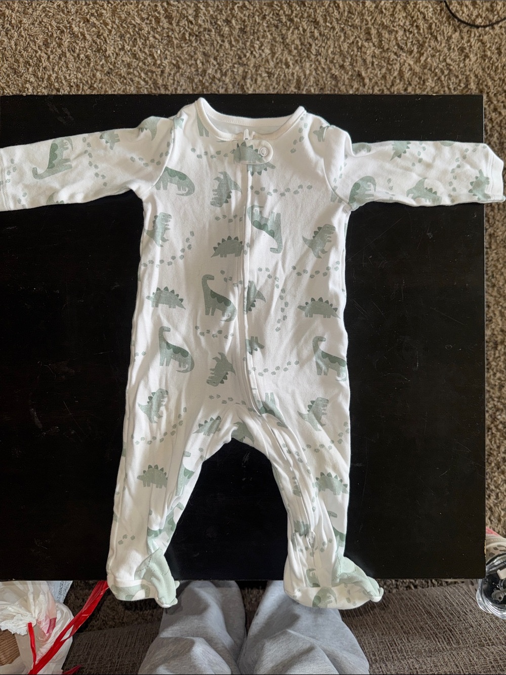 Carter's White One-Piece with Sage Green Dinosaur Print